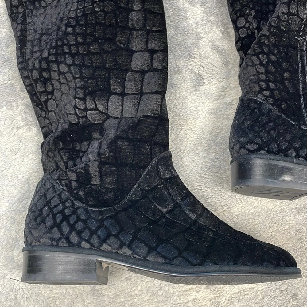 Stuart Weitzman Velvet Croco Nero Black Knee High Riding Boot Sz 35